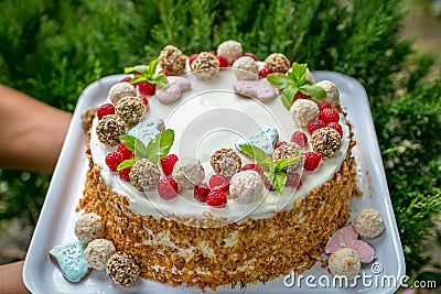 Really Handmade cake with cream, candyâ€™s, leaves, hearts, coconuts Stock Photo